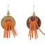 Boucles d’oreilles ethniques composée d’un cercle bronze décoré de suédines en velours marron, de perles rouges vertes et d’ une petite en bois.