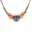 Collier Ethnique composé d’un cordon brun, orné d’un camaïeux de perles ocres, bleues et bronze harmonieusement mêlées.