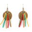 Boucles d'oreilles ethniques et sauvages Ciewenn composées d'un disque bronze décoré de perles bronzes et de suédines vertes rouges et oranges