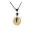 Collier Ciewenn hippie chic composé d’un cordon noir élégamment noué, d'une perle à facettes, d'un disque bronze sculpté et d'un losange noir.