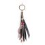 Porte-clefs Ciewenn composé d’un pompon, fait main, avec rubans, suédines, des tons roses noirs et bronze, décoré de perles et d’une breloque.