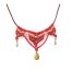 Collier bohème Ciewenn composé d'un cordon marron d'un micro macramé rouge et écru, de pampilles gouttes bronze et de perles rouges et bronze
