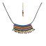Collier bohème Ciewenn composé d'un cordon noir sur lequel est tissé un micro macramé noir gris orange et bleu ainsi que de perles à facettes bronzes